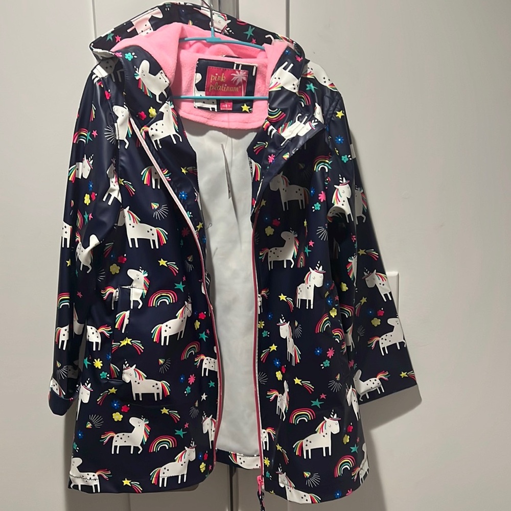 Pink Platinum Girls Navy Unicorn Raincoat with Pink Lining